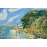 Kay Ville Paulsen, Danish, early/mid 20th century- Tree fringed beach and boat jetty; oil on canvas,