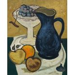 French School, mid-20th century- Still life of jug and fruit; oil on board, bears inscription verso,