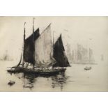 H P Evans, British, exh 1930- Moored sail boats; etching, signed in pencil, 25x35cm: together with