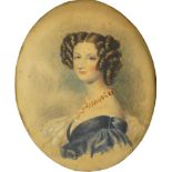 British School, mid 19th century- Portrait of a lady, quarter-length in a blue dress turned to the