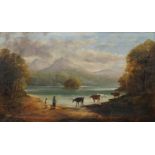 British Provincial School, late 19th century- Cattle watering at the shores of a Loch with mountains