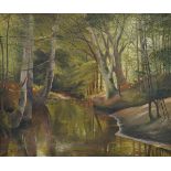 Manner of Johannes Brandt, Danish 1850-1926- Woodland stream; oil on canvas, signed with initials