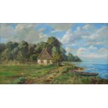 Harald Julius Niels Pryn, Danish 1891-1968- Cottage in a clearing by a coastal path; oil on