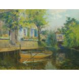 Stanislas Warnie, Belgian 1879-1958- Row boat on a canal; pastel on board, signed, 49x63.5cm, (ARR)