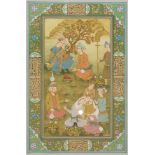 A Mughal taste miniature painting of a Prince and courtiers within a formal garden, 20th century,