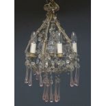 A Continental glass and metal five light basket form chandelier, 20th century, the frame overall