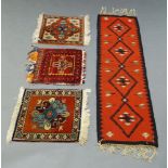 Five various small Turkish prayer mats, a flat weave rug and two afghan saddle bags (8)