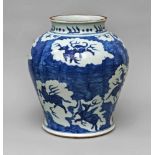 A large Chinese porcelain Ming style guan, late 20th century, painted in underglaze blue with