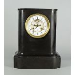 A French black slate mantle clock by Raingo Freres, late 19th century, the white enamel dial with