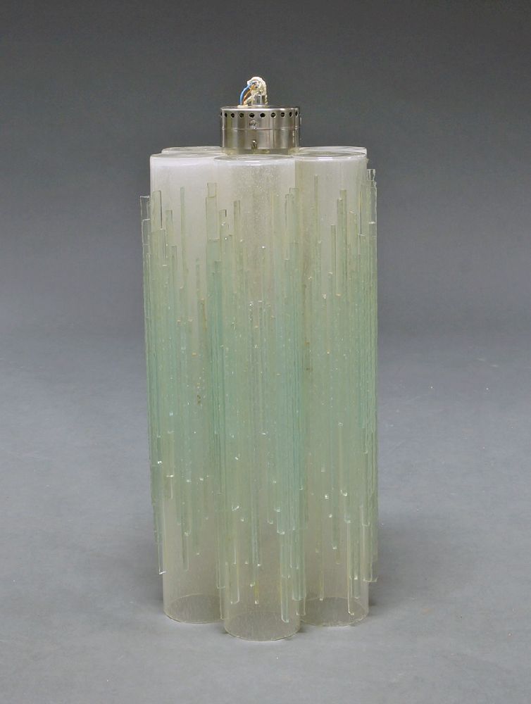 A large frosted glass pendant light, mid 20th century, the body formed of five cylindrical forms