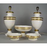 A pair of Tomasso Barbi urn shaped pottery lamp bases, 20th century, with gilt ring decoration to