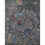 A Balinese painting of a lion and demons visiting villagers, 20th century, paint on silk, 45 x 35cm