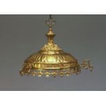 A Victorian polished brass Gothic Sanctuary lantern, the ceiling fitting of crown form with a