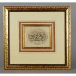 A framed print of Cupids, 19th century, depicted storing a heart in a box, within a landscape,