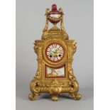 A French gilt spelter and porcelain mounted mantel clock, late 19th century, the case of