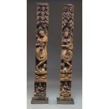 A pair of Indian wood carvings of maidens dancing and playing instruments, 20th century, with