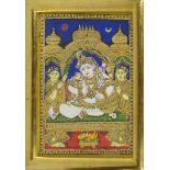 An Indian picture of Krishna, with female attendants, seated on a throne within architectural