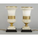 A pair of Italian alabaster lights, 20th century, in the form of campana urns, with pierced metal