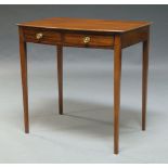 A Regency style mahogany bow font side table, early 20th Century, with two frieze drawers, on square