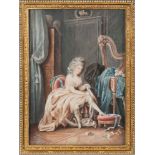 A French miniature painting of a lady seated in her music room, 19th century, depicted playing