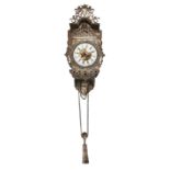 An unusual silver miniature wall clock, the 18th century Dutch verge timepiece with white enamel