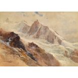 Edward Theodore Compton, British 1849-1921- Glacier traversing mountain landscape; watercolour,