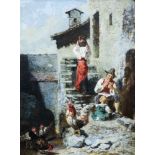 Circle of Giacomo Favretto, Italian 1849-1887- Fisher folk on village steps with poultry in a