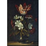 Follower of Ambrosius Bosschaert the Younger, Dutch 1609-1645- Flowers in a glass vase on a ledge