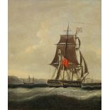 Follower of Dominic Serres, British 1722-1793- Man-o-war at anchor; oil on panel, 25x21cm in a