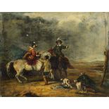 Follower of Philips Wouwerman, Dutch 1619-1668- The hawking party; oil on panel, 17.5x22.7cm in an