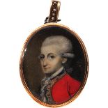 George Engleheart, British 1750-1829- A portrait miniature of an officer, quarter-length in a red