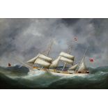 Marie-Edouard Adam, French 1847-1929- An English three-mast barque at sea; oil on canvas, signed,