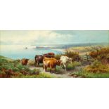 Thomas Rowden, British 1842-1926- Cattle on a path with a coastal view beyond; watercolour,