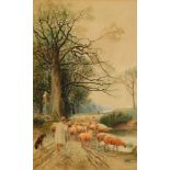 Henry Charles Fox RBA, British 1860-1929-Watering the Flock, watercolour, signed and dated 1916,