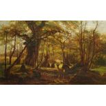 Harald Trolle, Danish 1834-1884- Woodland clearing with children spying on a wild deer; oil on