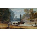 British School, mid-late 19th century- Moored shipping by the shores of a river with woodland;