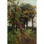 Thorvald Niss, Danish 1842-1905- A Horse and Cart on a Wooded Track; oil on canvas, signed with