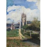 French School, mid-19th century- View of a pathway and a church; oil on board, 17.8x12.8cm, (