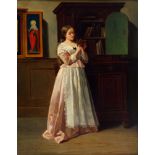 Florent Joseph Marie Willems, Belgian 1823-1905- Portrait of a lady standing full-length reading