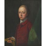 British School, mid 18th century- Portrait of a young gentleman, standing half-length in a red