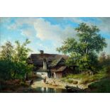 Carl Hasch, Austrian 1834-1897- Woman feeding chickens by a pond with a cottage and woodland; oil on