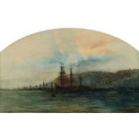 James Webb, British 1825-1895- Ships moored at harbour; watercolour, signed, in arched mount, 20.