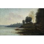 Manner of Jean-Baptiste-Camille Corot- A boatman by a shore with woodland; oil on canvas, bears