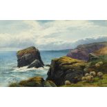 Thomas Rowden, British 1842-1926- Coastal view with sheep and an offshore rock; watercolour, signed,