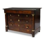 A French Empire flame mahogany and gilt metal mounted chest of drawers, with grey marble top above