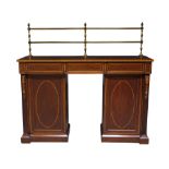 An Edwardian mahogany and inlaid pedestal sideboard in the Adam manner, the rectangular top surmount