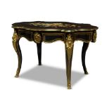 A Louis XVI style gilt metal mounted ebonised centre table, 19th Century, the shaped top with