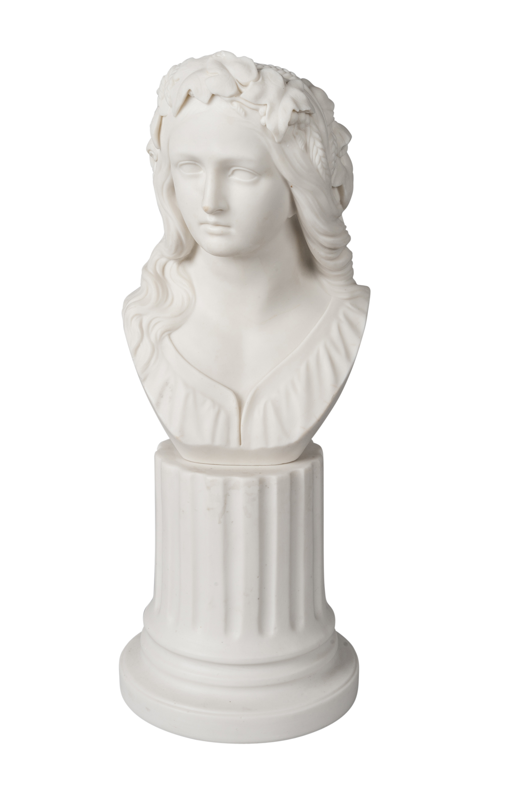 A Copeland Parian bust of Ophelia, after W C Marchall RA, on a fluted column with round plinth,