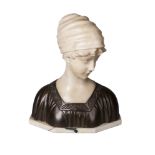 An alabaster & bronze bust of a young girl, early 20th century, wearing a turban with her eyes