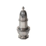 A silver sugar caster, London 1977, Jubile hallmark, Alfred Dunhill & Sons, of octagonal baluster